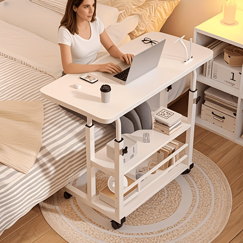 Rolling Folding Desk 3-Tier with Wheels Height Adjustable Expandable Desktop Storage Shelf Laptop Study Home Office Bedroom Living Room Computer Table Multi-Color