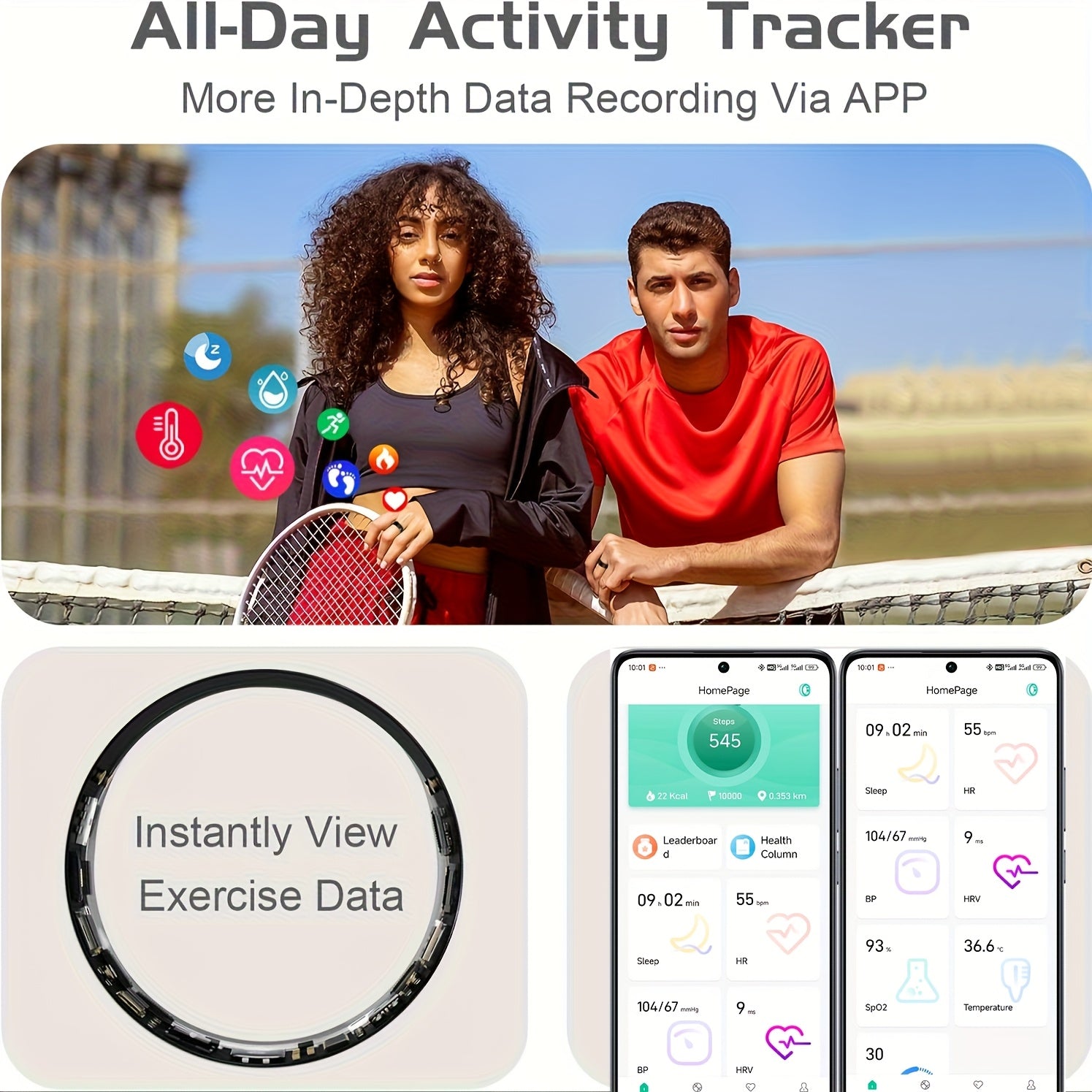 Smart Ring Sleep Tracker Heart Rate Monitor Fitness Wearable, Titanium Alloy Body Bluetooth 5.3, Step Counter Pedometer Distance Tracking, Magnetic Charging, Compatible with iPhone & Android – Black Rose Gold Silver