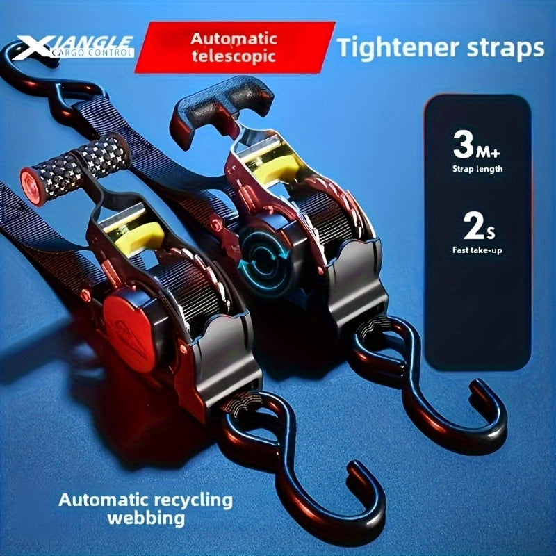 Heavy Duty Auto Self-Retracting Ratchet Tie Down Straps 2 Pack 10 Ft – Cargo Straps for Truck Trailer Motorcycle ATV & Moving Loads
