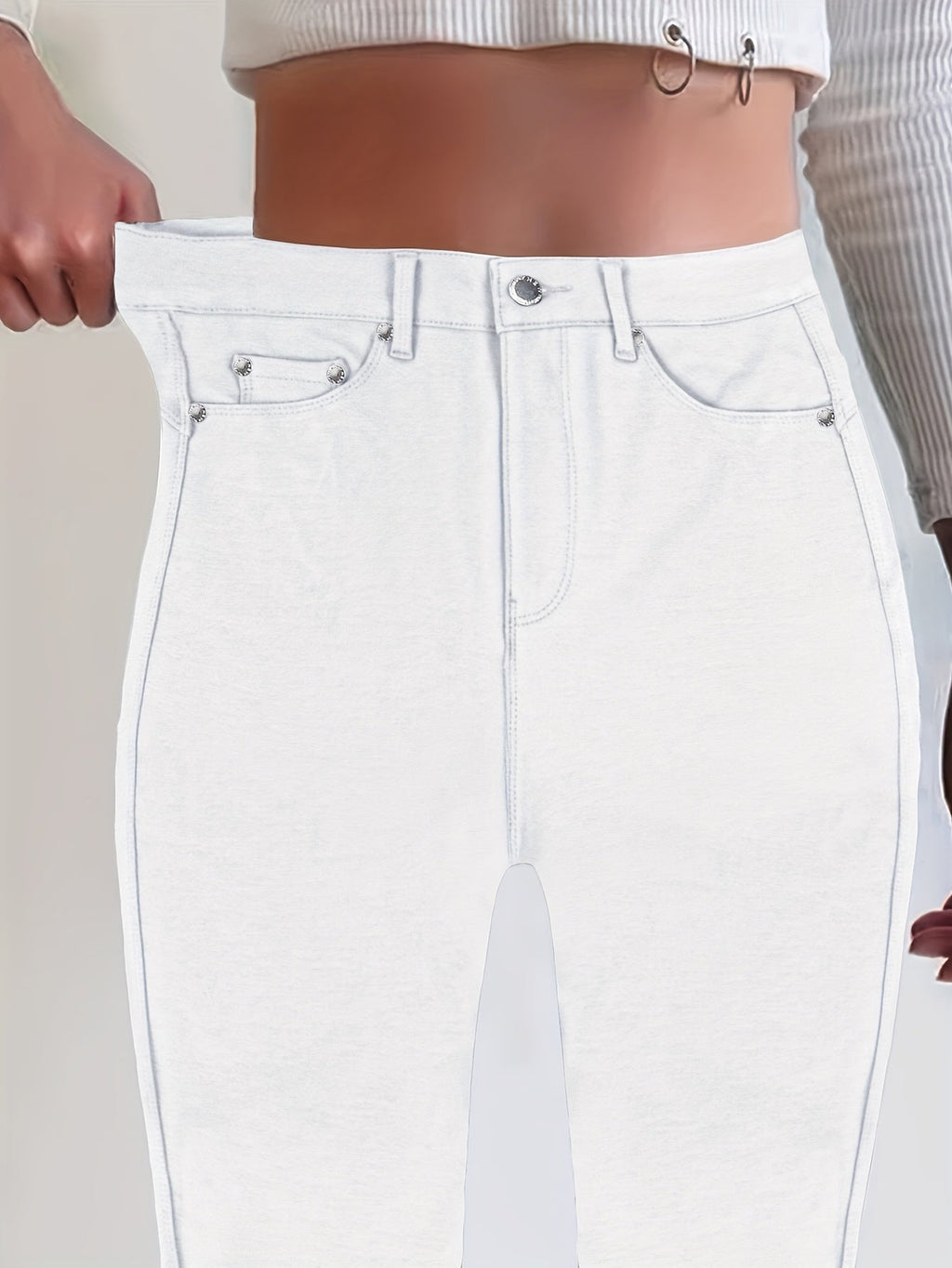 High Waist Stretch Skinny Jeans Women Metal Button Detail Street Style Slim Fit Denim Pants 10 Colors S-XXL