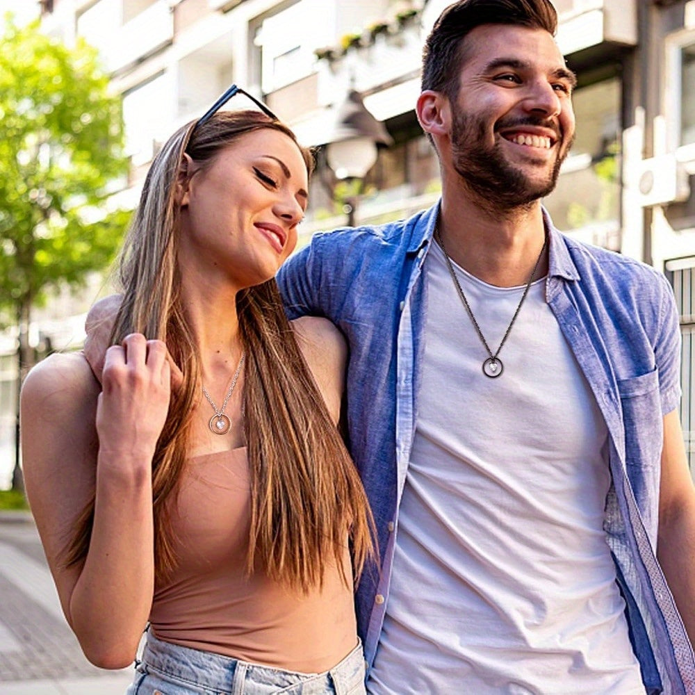 Couples Promise Ring & Necklace Set – I Love You 100 Languages Projection Stone Pendant Matching Jewelry Gift for Him and Her Anniversary Valentine's Day