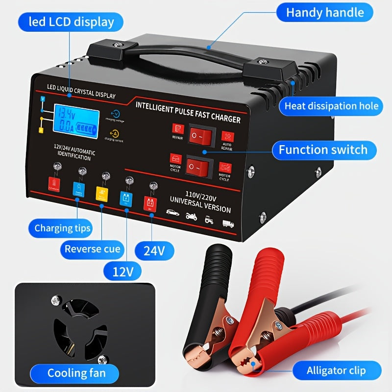 Smart Universal Battery Charger 12V 24V with LCD Screen Pulse Repair Trickle Maintainer for Car Truck Motorcycle Boat Lawn Mower Harvester – Automatic Temperature Regulation