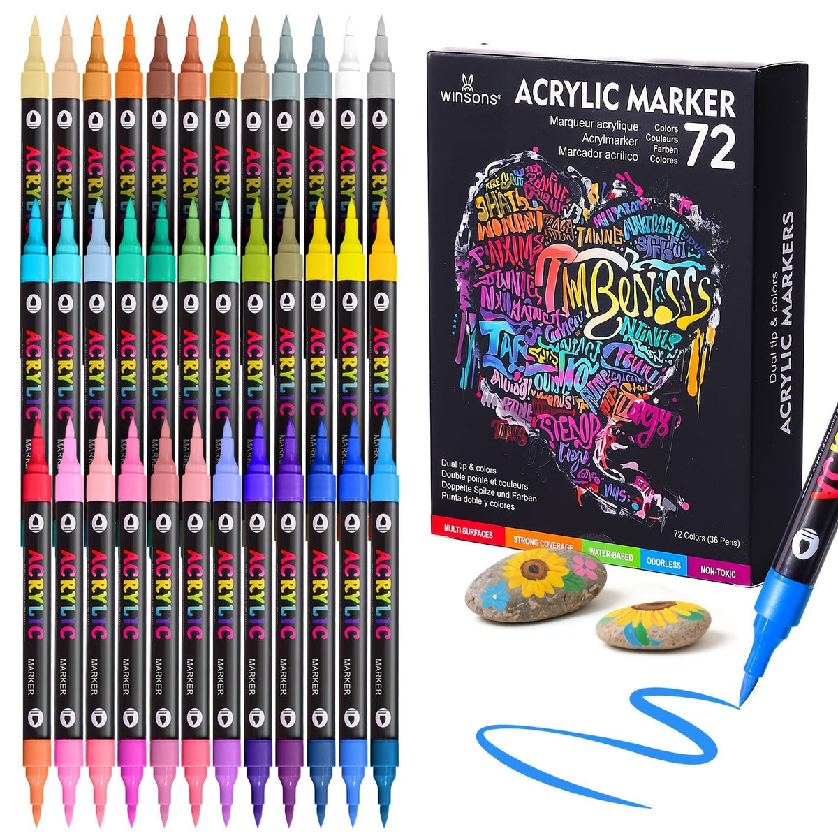 Dual-Tip Dual-Shade Acrylic Paint Markers 24 48 and 72 Colors – Quick-Dry Waterproof Brush Pens for Rock Painting Journal Doodling Canvas Wood Glass Ceramic and Home Decor – Non-Toxic Art Markers for Adults and Kids