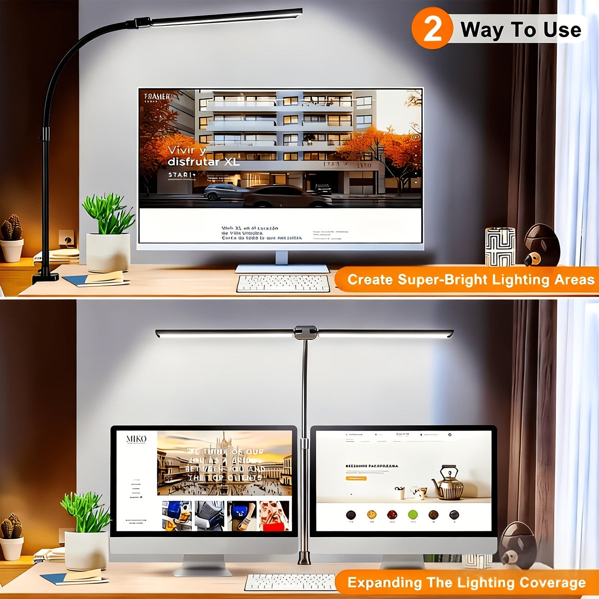Metal Touch Control LED Desk Lamp – 360° Adjustable Gooseneck Foldable Double Head Anti-Glare USB Powered Eye-Caring Reading Light for Office, Study, Gaming & Home, Monitor Screen Lamp