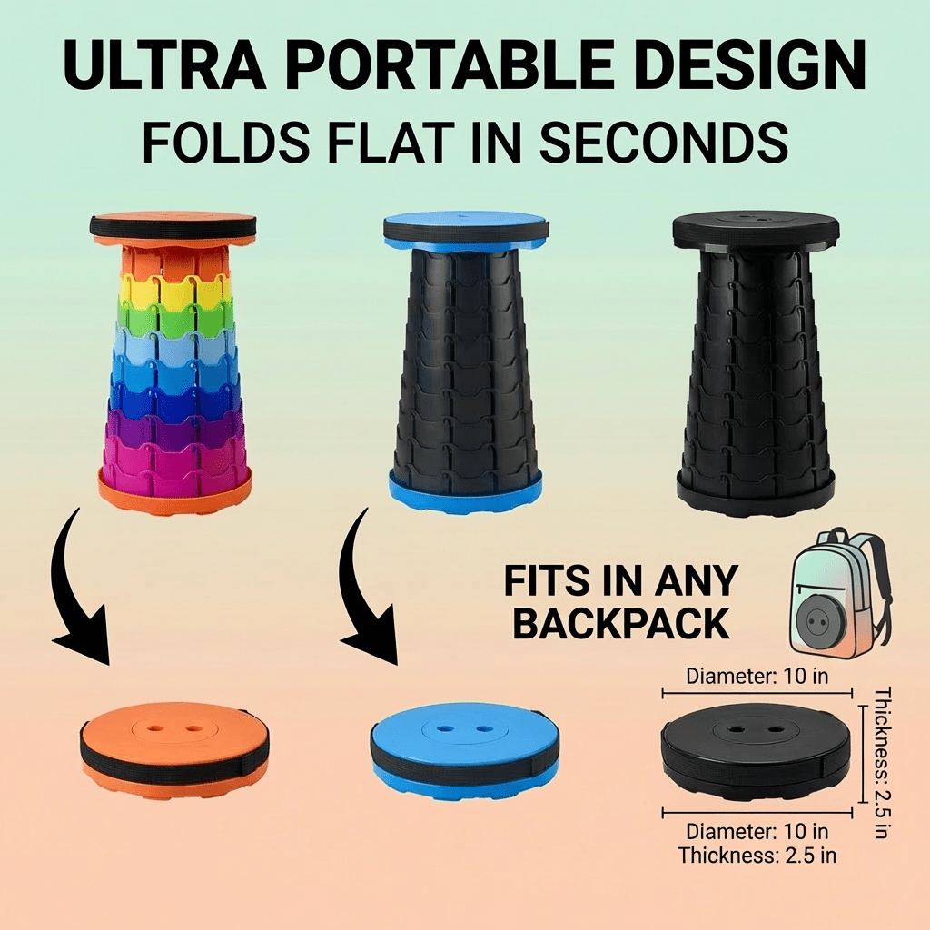 Collapsible Camping Stool 400 Lbs Capacity Ultra-Portable Lightweight Folding Seat - Folds Flat Fits in Backpack for Camping, Hiking, Fishing & Indoor Outdoor Use - Rainbow Option Available