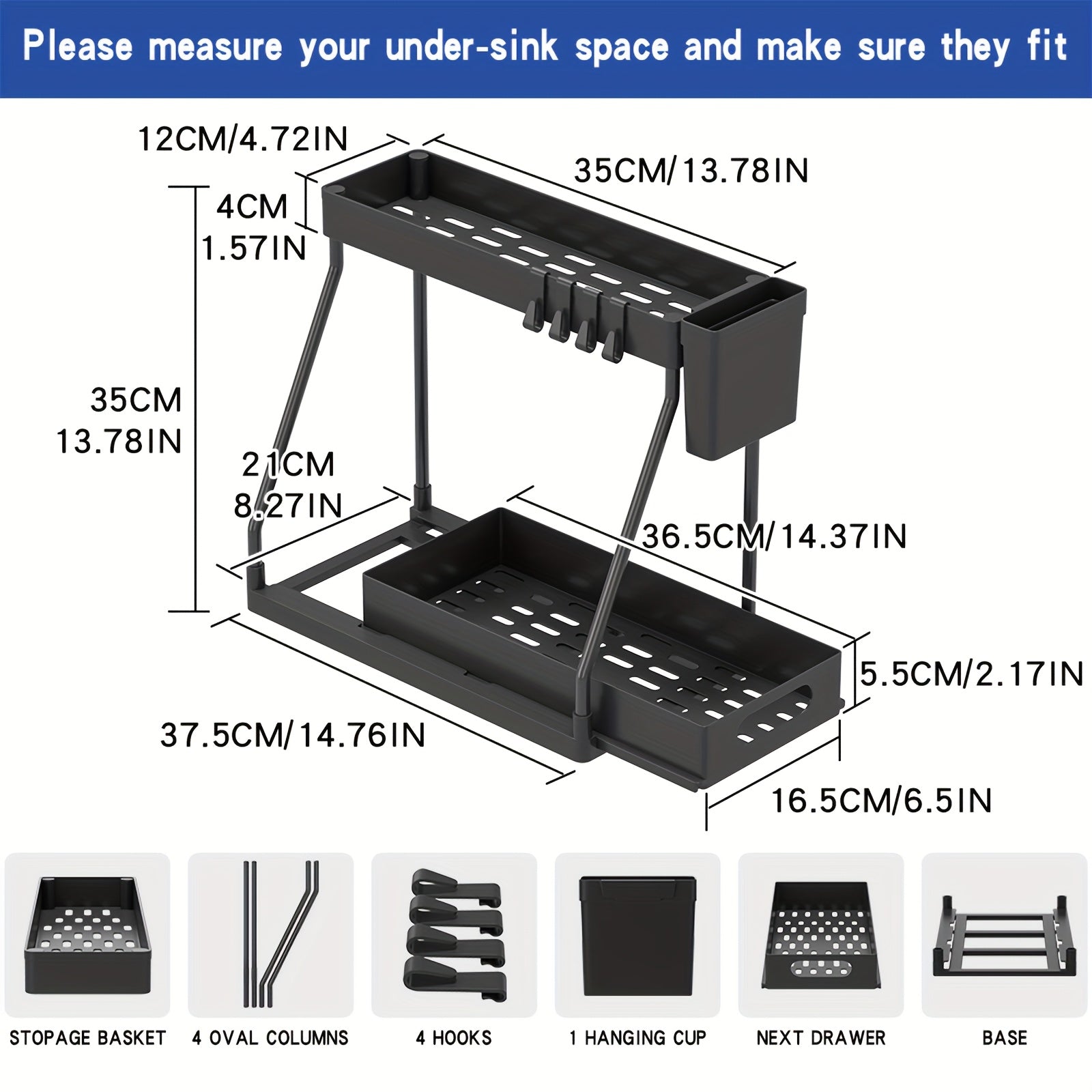 Under Sink Organizer 2-Pack with Sliding Drawer Shelves – Pull-Out Cabinet Storage Rack for Bathroom, Kitchen, Pantry & Vanity, Durable Metal Frame, Space-Saving Organization, Black or White