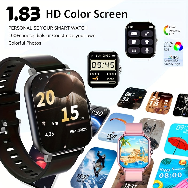 Smartwatch 1.83 Inch Full Touch Screen Wireless Calling Message Reminder Heart Rate Sleep Monitor Pedometer Multi-Sport Modes USB Rechargeable Fitness Watch for Men Women