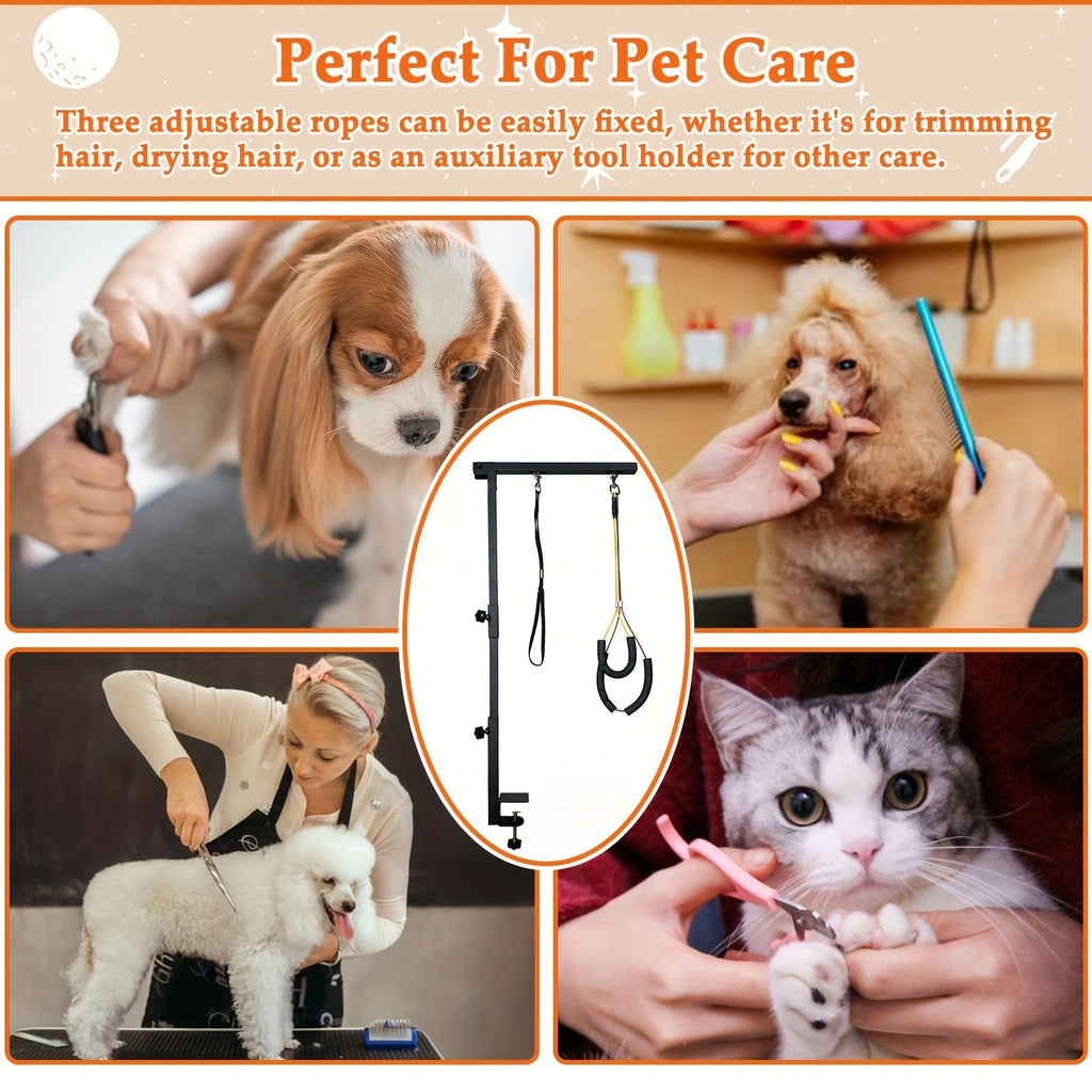 Dog Grooming Arm with Clamp 36 Inch Adjustable Heavy-Duty Iron No-Sit Haunch Holder 3-Section Design Small Medium Dogs Cats Colorful Positioning Ropes Professional Pet Grooming