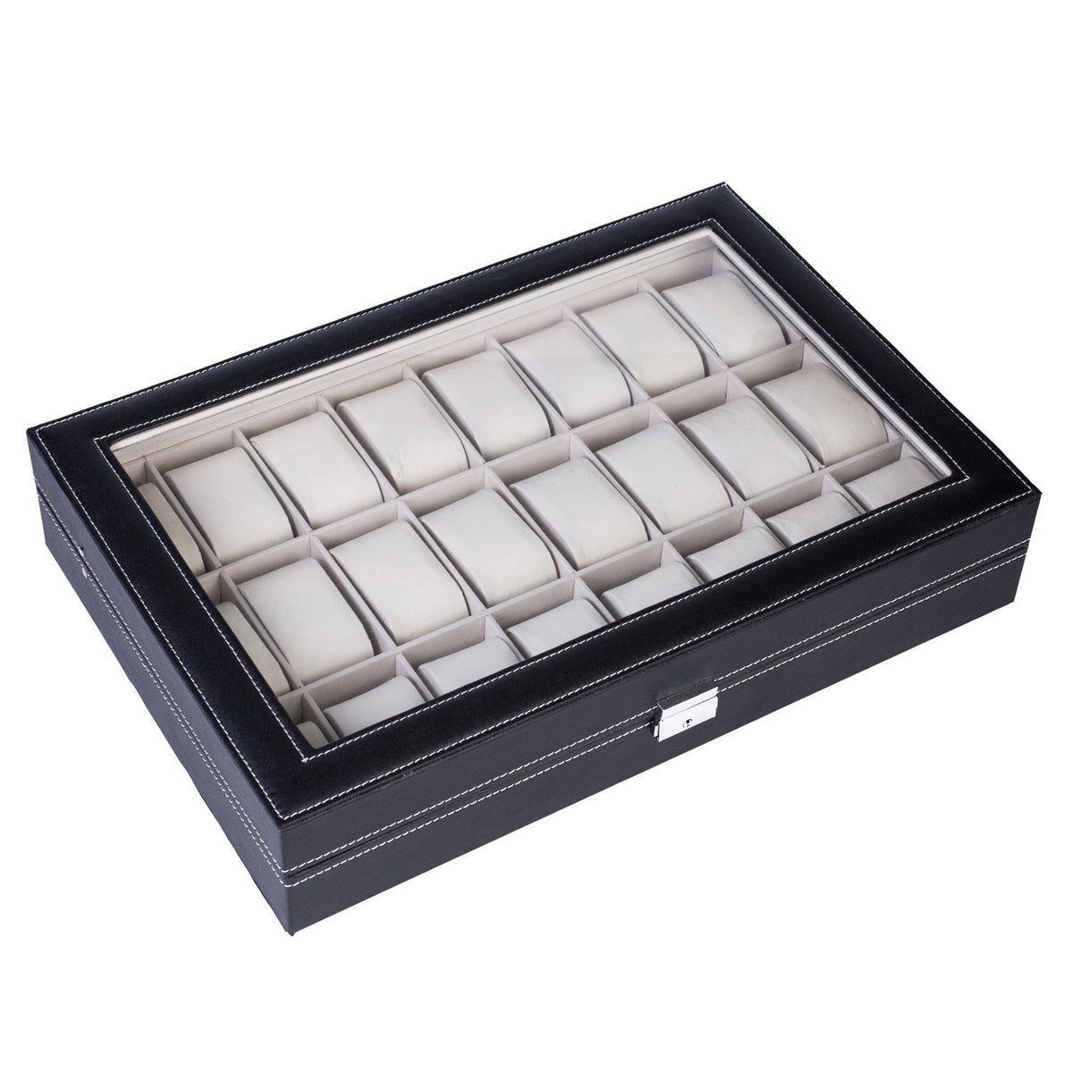 24-Slot PU Leather Watch Box Organizer Large Capacity – Top-Opening Lid Watch Display Case Cushioned Storage for Men Women Watch Collector Gift Black 43x29x8.5cm