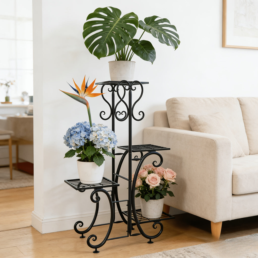 4 Tier Metal Plant Stand Indoor Outdoor Wrought Iron Corner Flower Pot Holder Display Rack Patio Balcony Garden Office Planter Shelf Black HYP-50 6 Tier