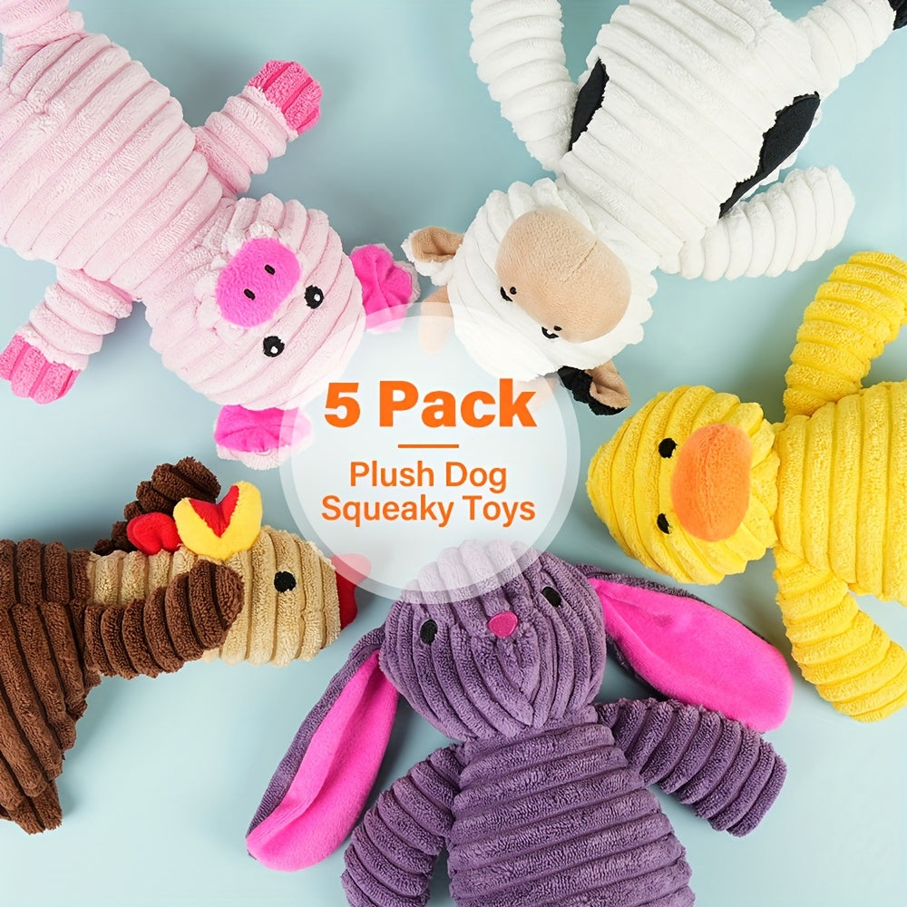 Plush Dog Squeaky Toys 5-Pack Bundle Washable Stuffed Animal Chew Toys for Small Medium Large Dogs – Embroidered Safety Eyes, Pig Frog Elephant Chicken Fox Designs