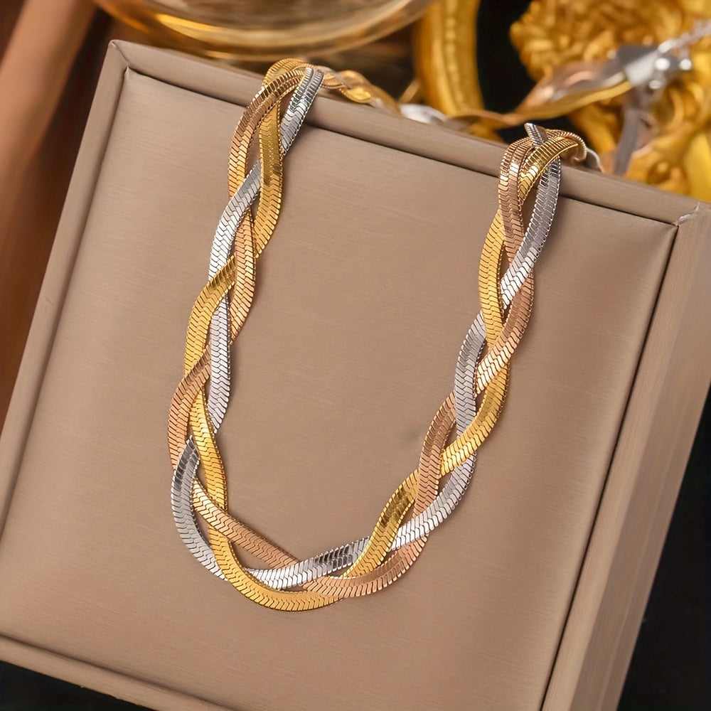 2-Piece Gold Stainless Steel Necklace Bracelet Set Women – Gold-Plated Tri-Color Hand-Woven French Minimalist Retro Style Daily Wear Holiday Party Gift