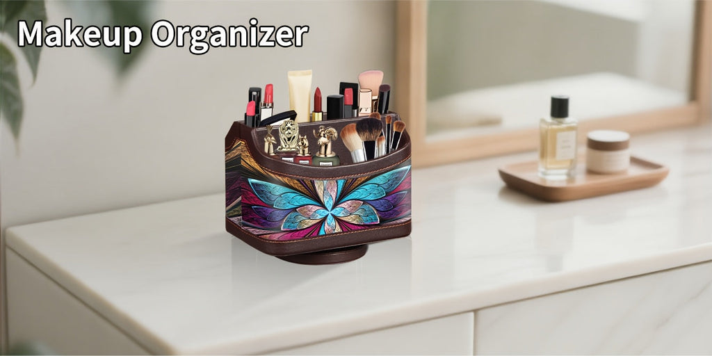 360 Swivel Remote Control Holder 5-Compartment PU Leather Desk Organizer for TV Remotes Phones Eyeglasses Pens Rotating Desktop Storage Caddy