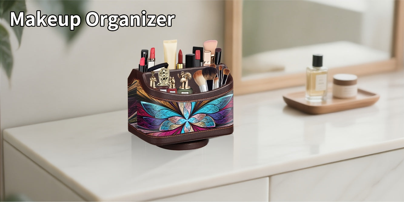 360 Swivel Remote Control Holder 5-Compartment PU Leather Desk Organizer for TV Remotes Phones Eyeglasses Pens Rotating Desktop Storage Caddy