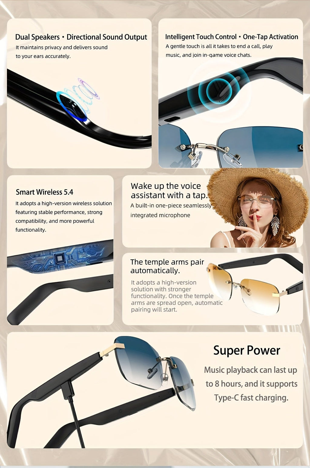 Bluetooth Smart Glasses Touch Controls Open Ear Audio – Integrated Mic Hands-Free Calls & Music UV Protection Polarized Lens for Outdoor Sports, Driving & Everyday Wear