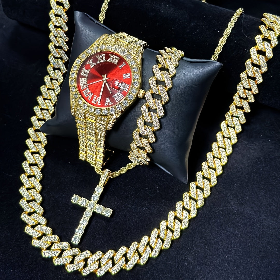 Luxury Cuban Link Jewelry Set for Men & Women – 4-Piece Necklace Bracelet Pendant Wristwatch Full Set 12 Color Options Silver Gold Pink Green Blue Hip Hop Bling Valentine's Day Christmas Gift