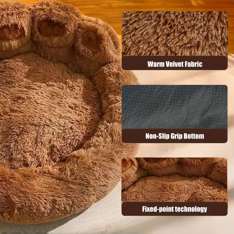 Bear Paw Plush Round Pet Bed for Dogs & Cats Soft Calming Non-Slip Cozy Puppy Bed – Small Medium Large, 20/24/28/36 Inch, Coffee Pink Gray