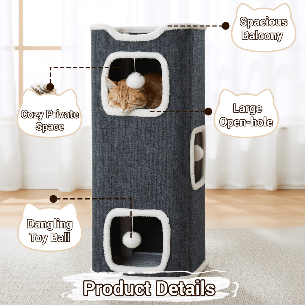 Multi-Level Foldable Cat Tree Tower for Indoor Cats Scratching Post Cozy Perch Cat Condo with Hanging Toy Ball & Hideaway – Soft Bed, 1/3/4 Tier Options, Light Gray Dark Blue Camel