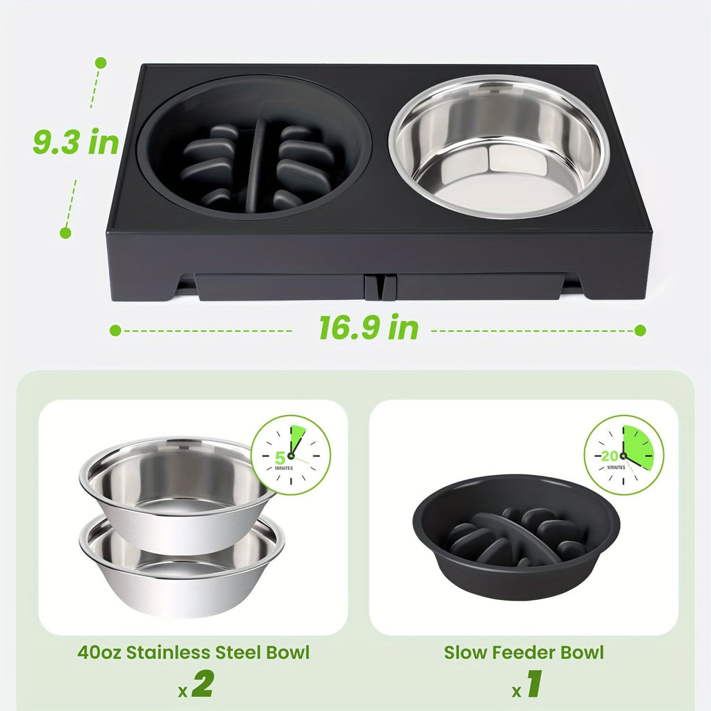 Adjustable Elevated Dog Bowl Stand with 3-Bowl Set – 5 Heights 3.2–12.2 Inch, 2 Stainless Steel Bowls + Slow Feeder Bowl for Small Medium Large Dogs, Raised Feeder in Black or Gray