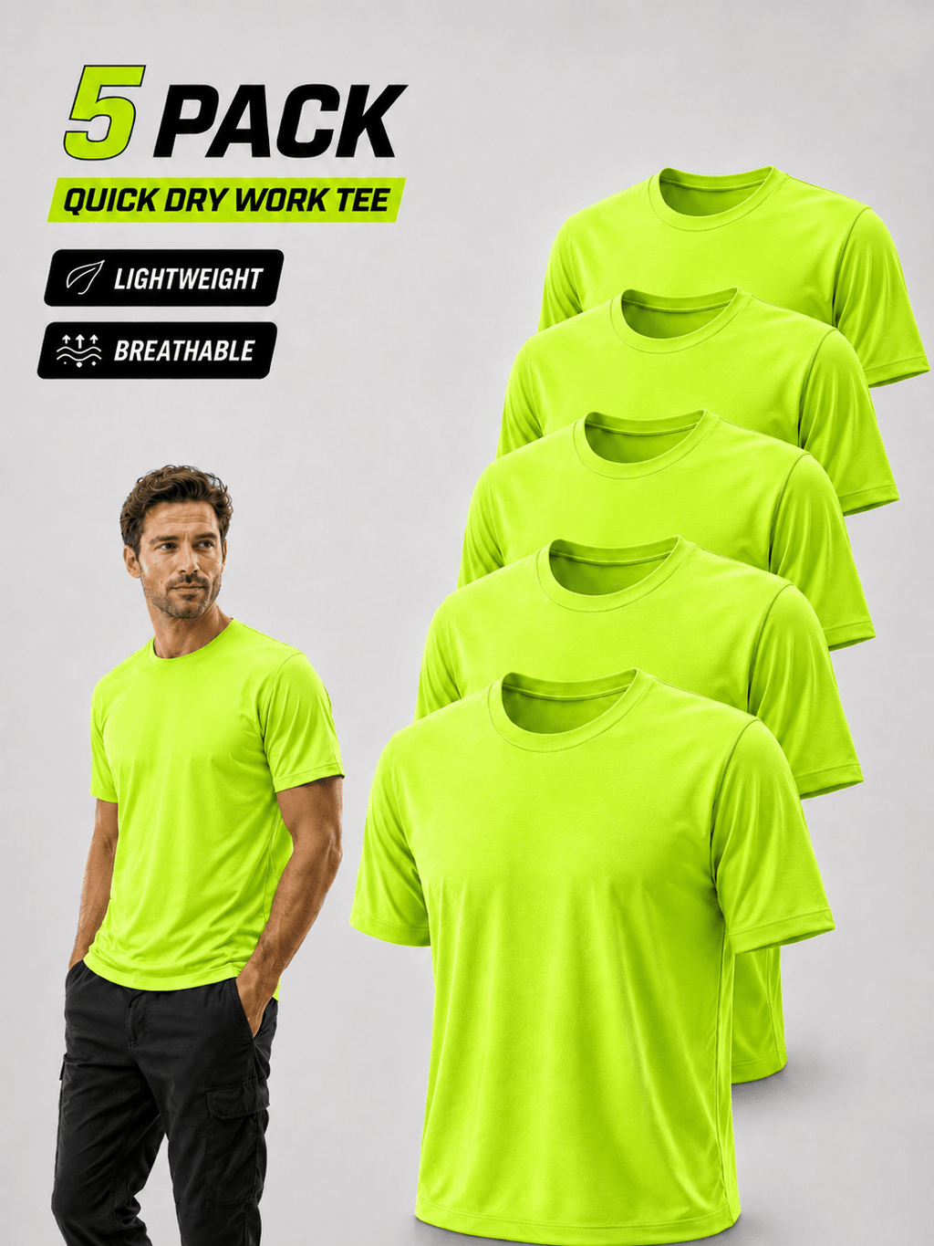 Men's UPF 50+ Safety Work Shirts 5 Pack Quick Dry Breathable Performance Tees – Fluorescent Yellow High Visibility for Outdoor Construction Landscaping Jobs, S-XXXL, Gift for Dad