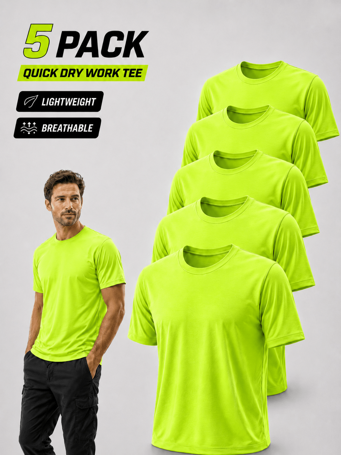 Men's UPF 50+ Safety Work Shirts 5 Pack Quick Dry Breathable Performance Tees – Fluorescent Yellow High Visibility for Outdoor Construction Landscaping Jobs, S-XXXL, Gift for Dad