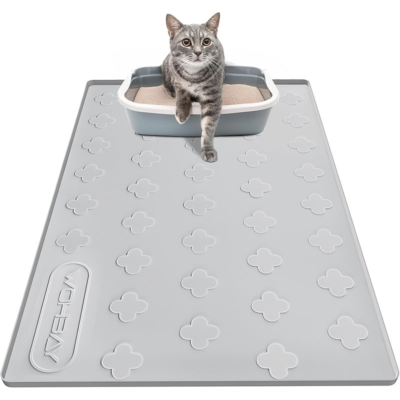 XXL Silicone Cat Litter Mat 3-in-1 – Washable Non-Slip Floor Protector with Raised Edges, Traps Litter, Kibble & Crumbs, Foldable Pet Feeding Mat for Cats, 34x22 Inch, Light Grey & Dark Gray