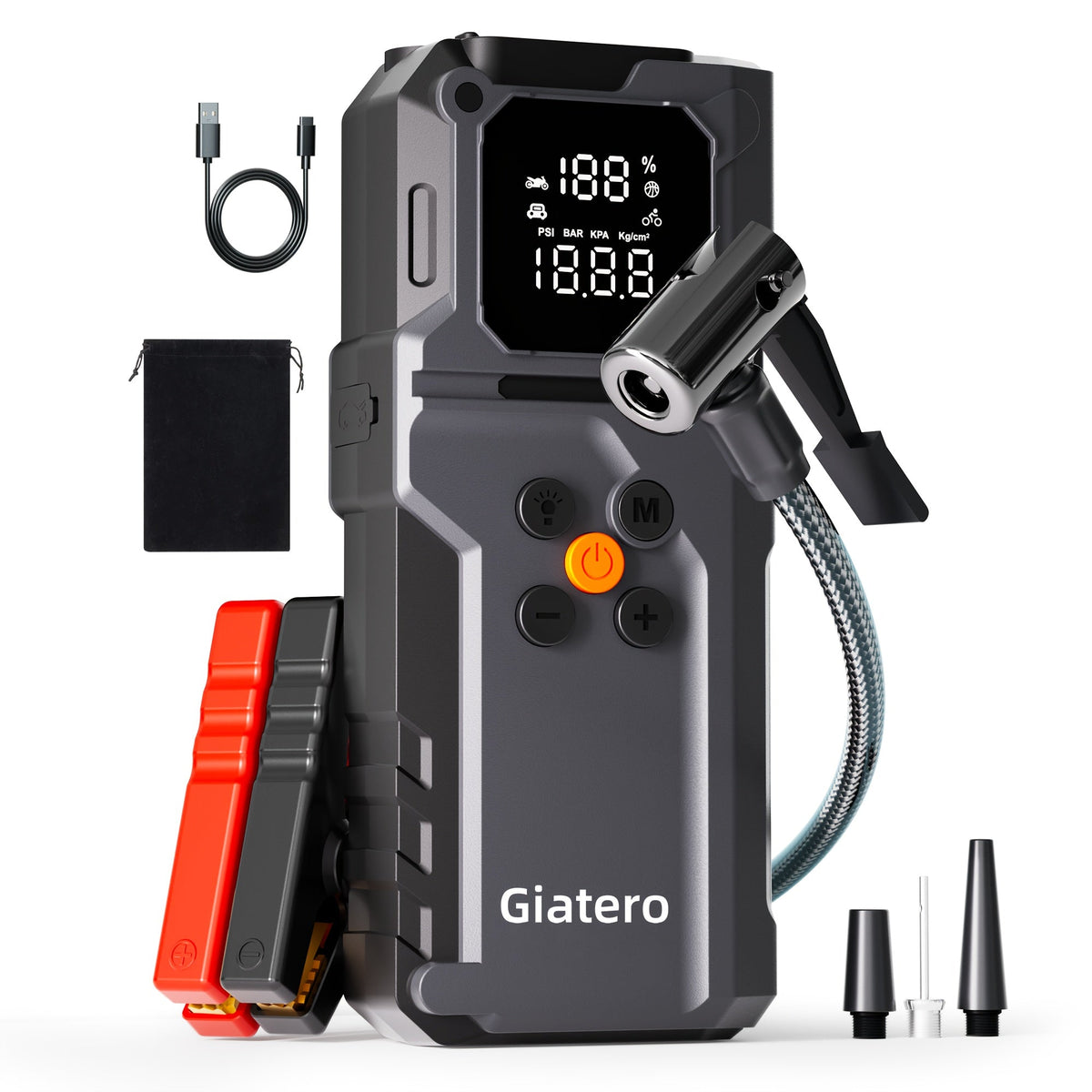 10000A Jump Starter with Air Compressor 160 PSI, Portable Car Battery Booster Pack for Gas & Diesel Engines, USB-C QC 3.0 Fast Charge, LED Flashlight, Digital Display – Giatero Q27