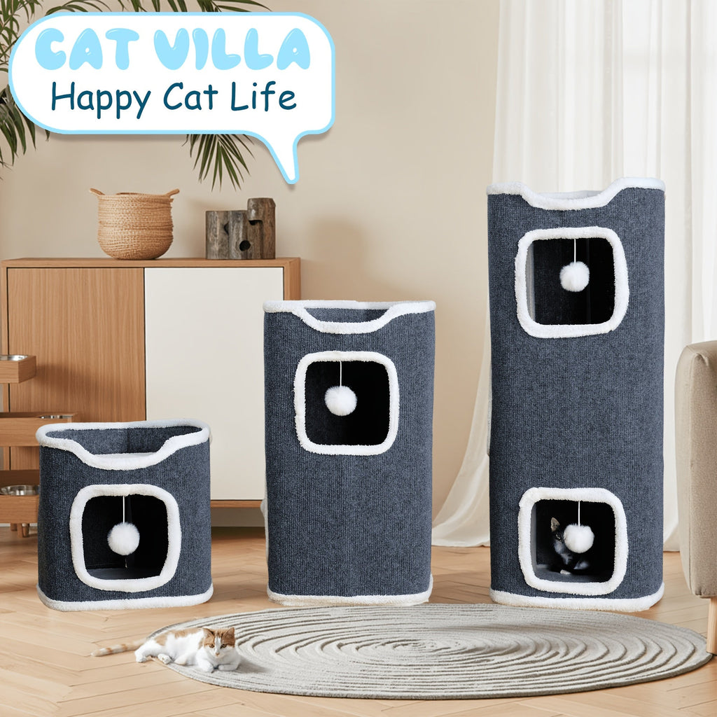 Multi-Level Foldable Cat Tree Tower for Indoor Cats Scratching Post Cozy Perch Cat Condo with Hanging Toy Ball & Hideaway – Soft Bed, 1/3/4 Tier Options, Light Gray Dark Blue Camel
