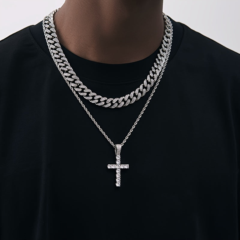 4-Piece Men's Punk Jewelry Set – Quartz Watch Cuban Chain Necklace Bracelet Cross Necklace Rhinestone Hip Hop Style Accessories Gift for Men Boyfriend Son Birthday Christmas Gold Silver