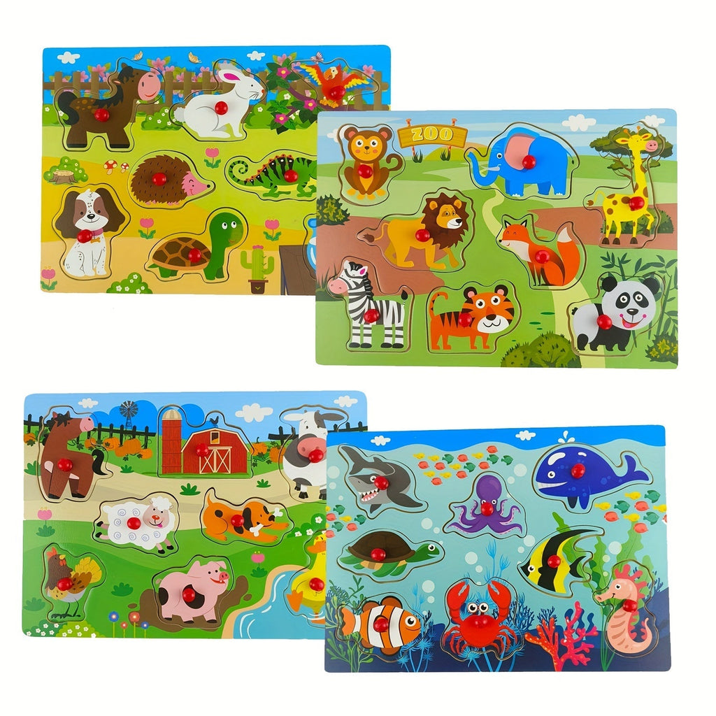Wooden Peg Puzzle Set of 4 Toddlers 32 Pieces Chunky Knob Puzzles Farm Zoo Animal Themes Montessori Learning Toy for Ages 1 2 3 Fine Motor Skills Birthday Christmas Easter Gift Boys Girls