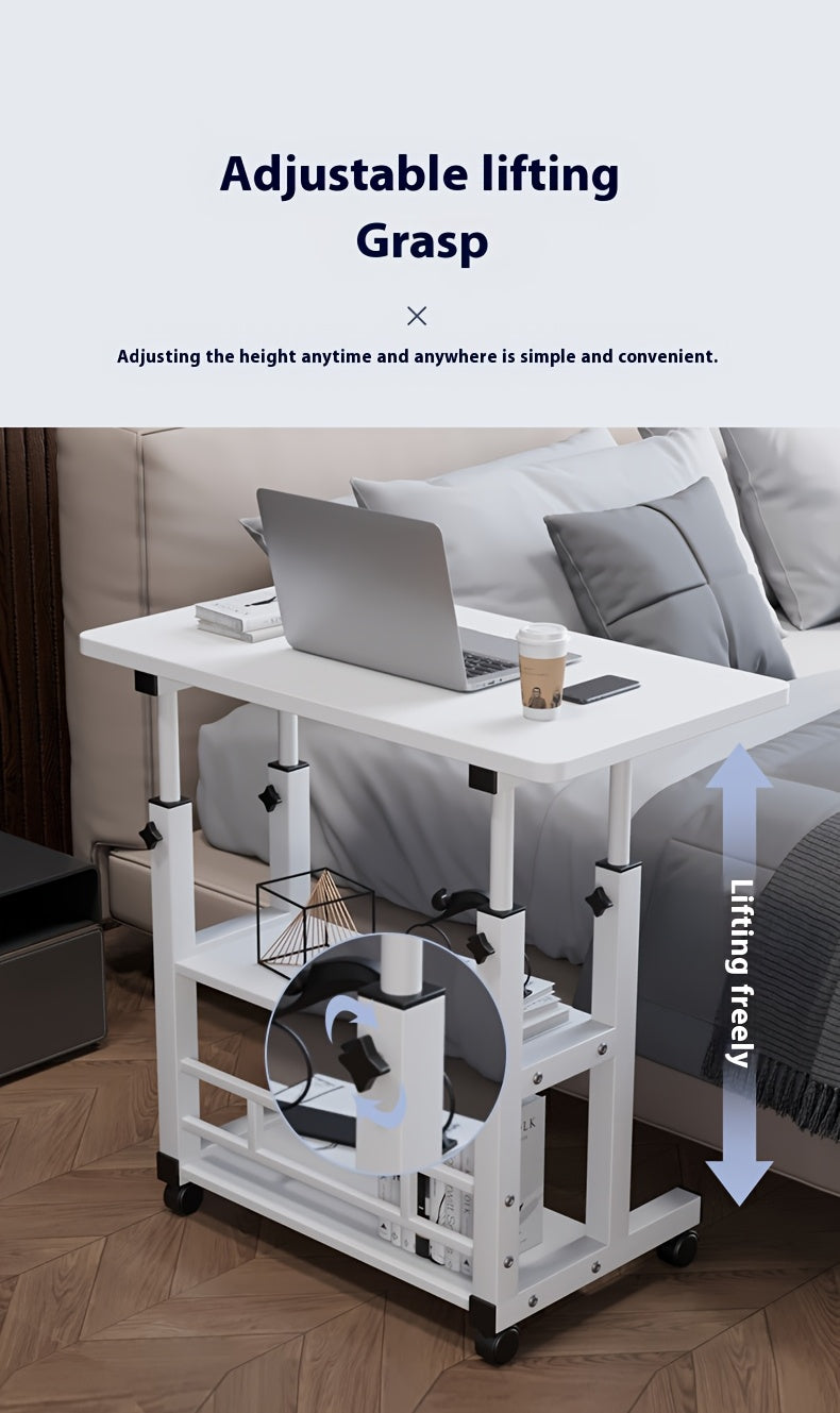 Rolling Folding Desk 3-Tier with Wheels Height Adjustable Expandable Desktop Storage Shelf Laptop Study Home Office Bedroom Living Room Computer Table Multi-Color