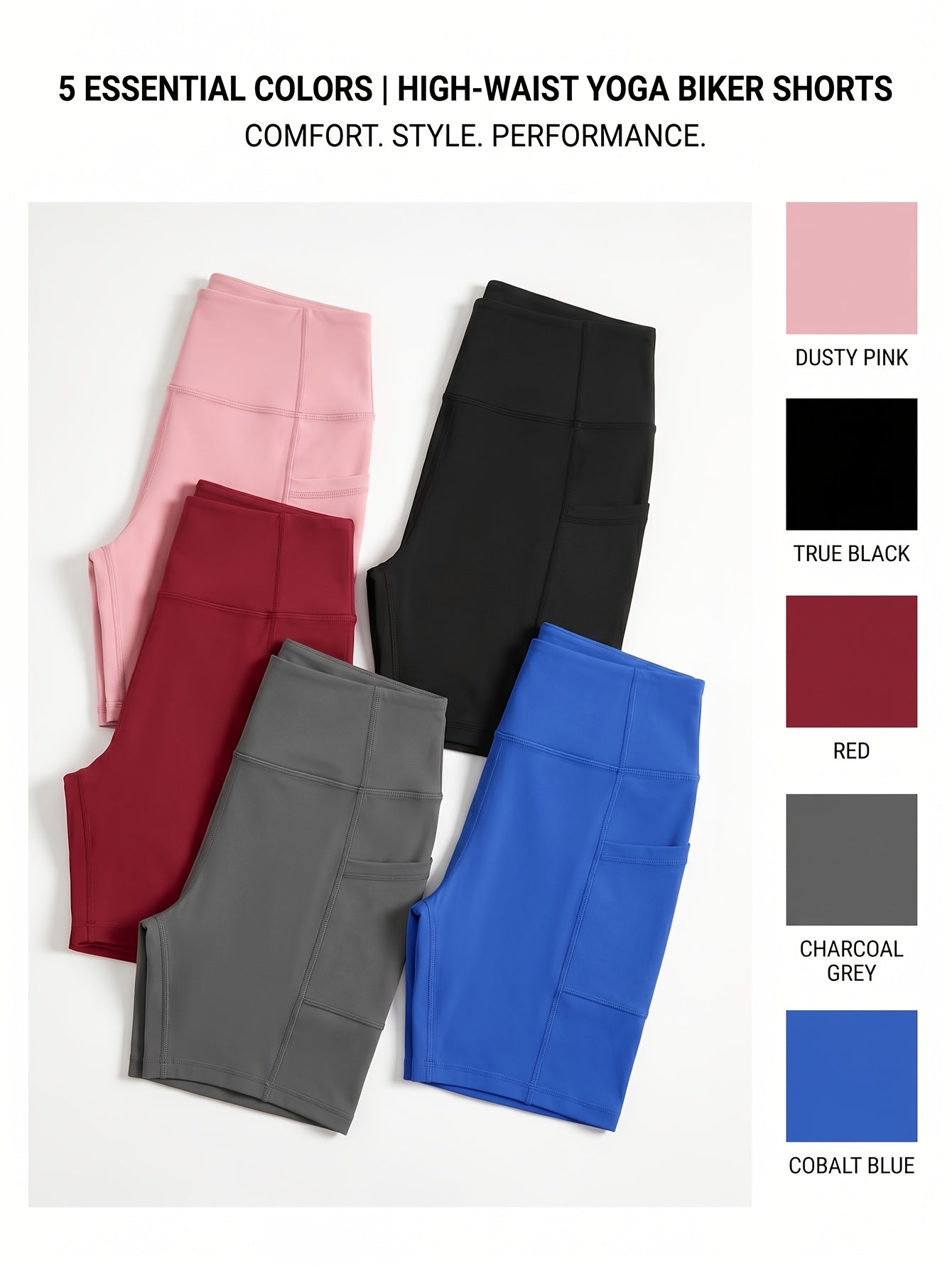 Women's High-Waisted Cycling Shorts 5-Pack with Pockets Mixed Colors – Stretch Polyester Yoga Gym Running Workout Shorts for Active Women Sizes M to XXL