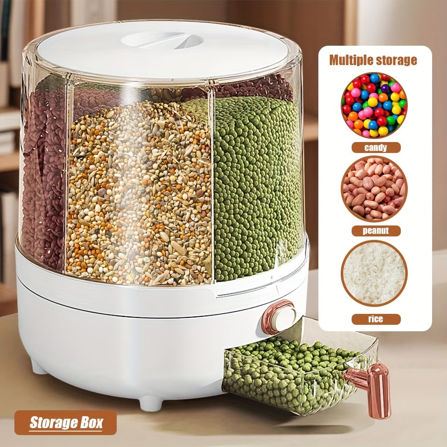 Rotating Cereal Dispenser 6-Grid Large Capacity Airtight Rice Storage Container, Moisture-Proof Insect-Proof Grain Dispenser with Transparent Window & Press Button, Food-Grade PP for Rice Grains Flour