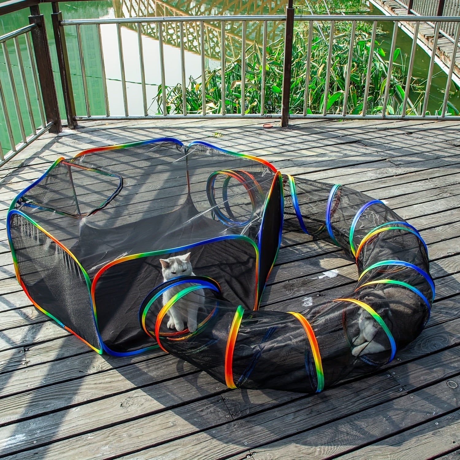 Rainbow Cat Playpen Outdoor Cat Enclosure with Circle Tunnel Portable Pop-Up Tent Foldable Cat Playground for Cats Kittens Rabbits Small Animals Indoor Outdoor Safe Exercise Space