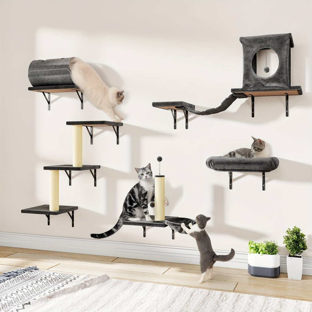 Wall Mounted Cat Climbing Shelf Set 7-Piece Deluxe Indoor Cat Furniture with Condo Scratching Post Bridge Ladder Tunnel – Space-Saving Cat Wall Playground for All Cat Sizes