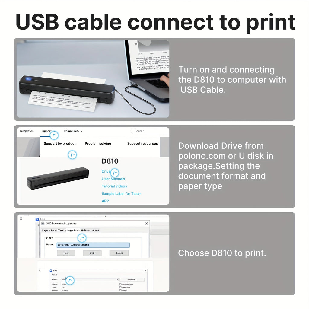Portable Inkless Thermal Printer Wireless – D810B A4 & US Letter 8.5x11 Mobile Printer, 200 Sheets Per Charge, Compatible with iPhone Android & Laptop, for Home Office School Travel, Includes 20 Sheets