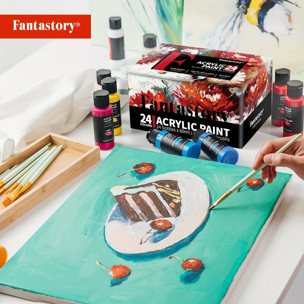 Professional Acrylic Paint Set 24 Colors 2oz 60ml Large Volume Tubes with 12 Brushes – Rich Pigment Thick Acrylic Paints for Canvas Wood Rock Glass Ceramic Fabric – Art Supplies for Beginners and Artists