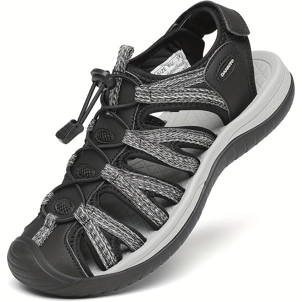 Women's Closed Toe Hiking Sandals, Lightweight Non-Slip Water Sandals with Adjustable Bungee Lace & Hook-Loop Strap, Breathable Athletic Sport Outdoor Shoes for Beach Camping Fishing Travel Walking