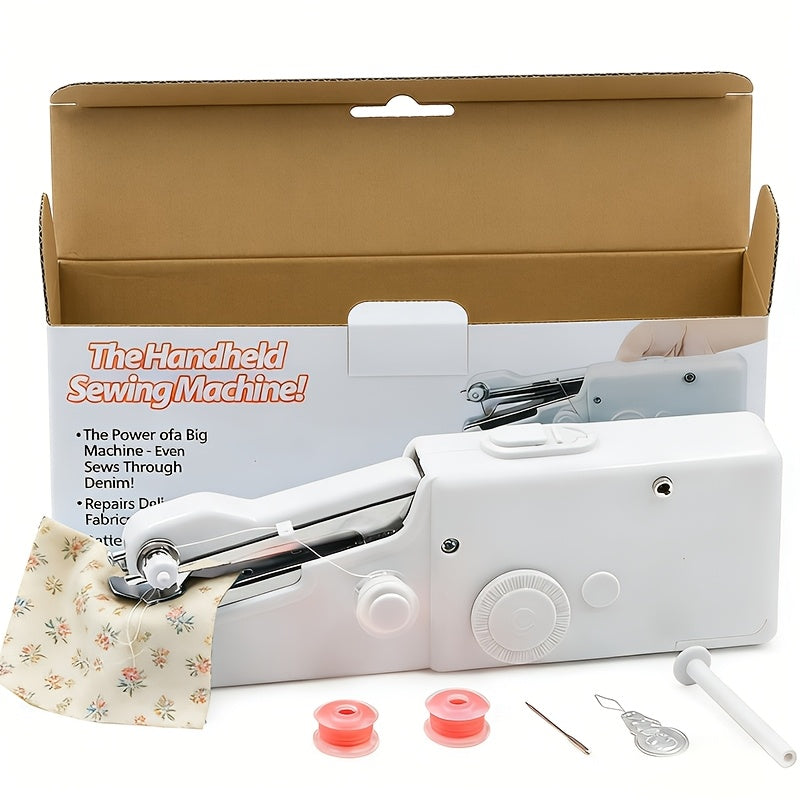 Compact Handheld Sewing Machine Kit Portable Battery Powered – Quick Repair Tool with Needles Bobbins Thread Spool Needle Threader and Fabric Sample for Clothes Garments Curtains and DIY Sewing Projects – White or Black
