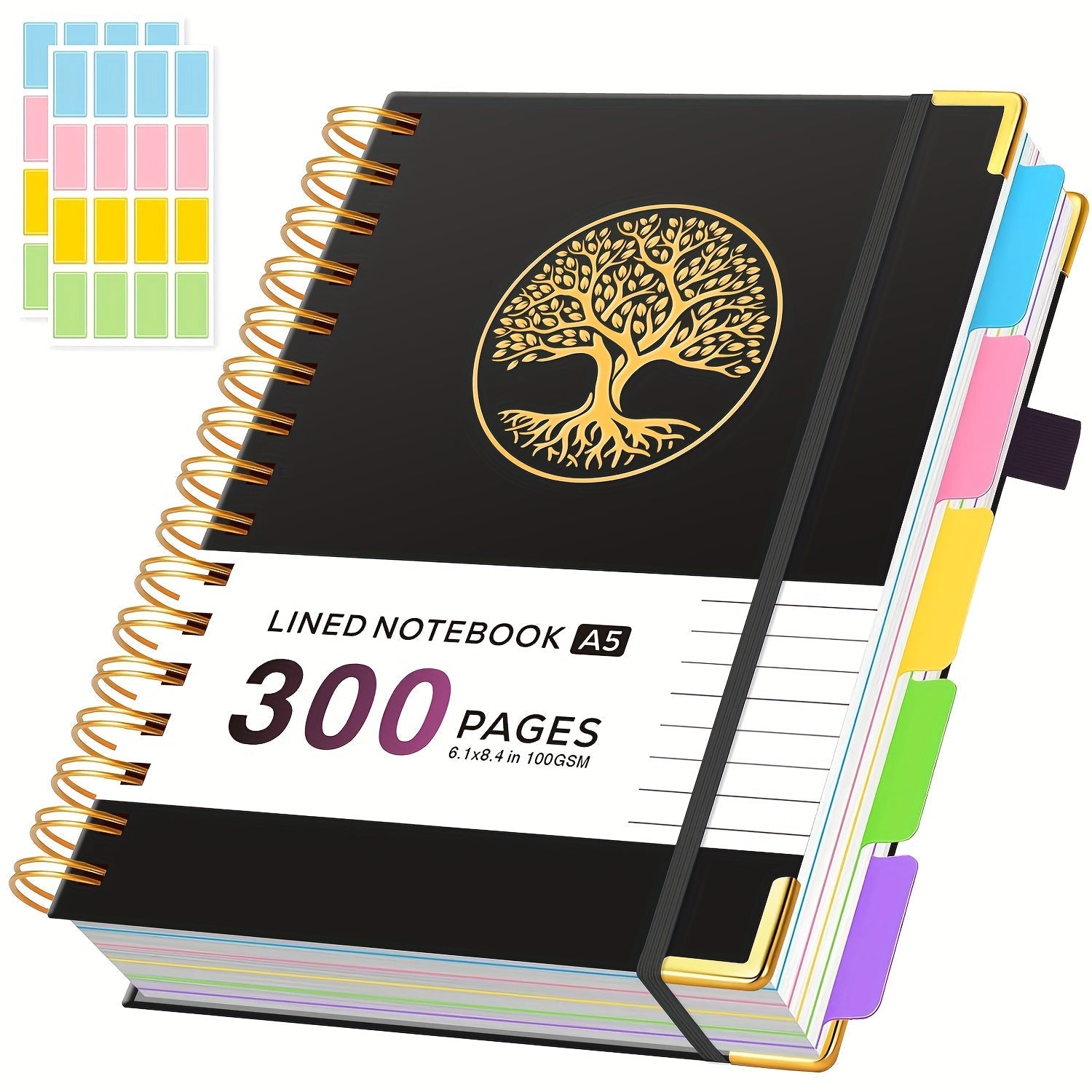 A5 Hardcover 5-Subject Spiral Notebook 300 College-Ruled Pages with Removable Divider Tabs Built-In Pocket 6.1x8.4 Inch Lined Journal for Students Work School Note Taking Purple Green Pink Black