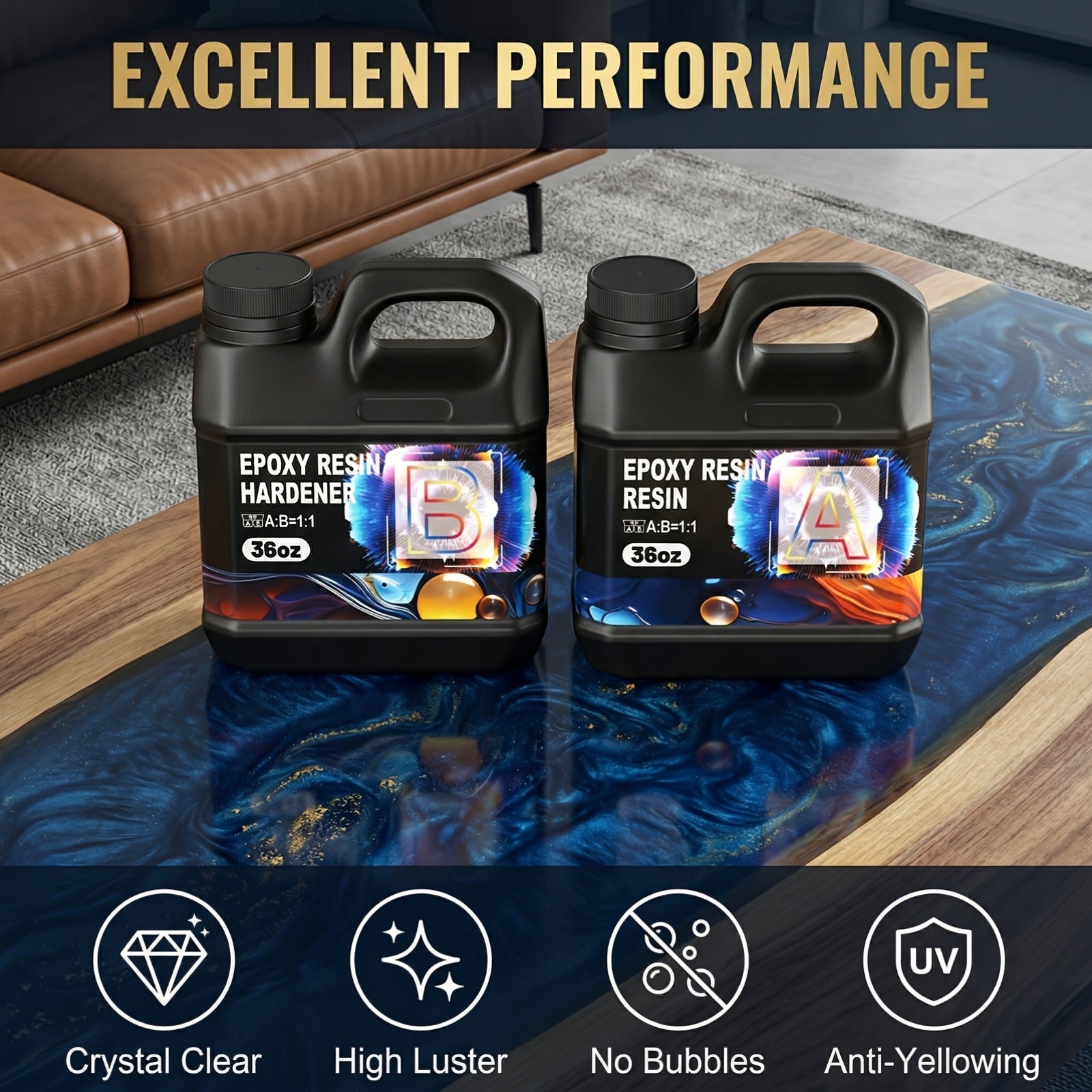 Epoxy Resin Kit Crystal Clear 2-Part Fast-Curing for Casting, Coating, Resin Art, Jewelry Making, Tabletops & Bar Counters – Available in 4oz, 72oz & 1 Gallon with Pump Kit & Glitter Accessories