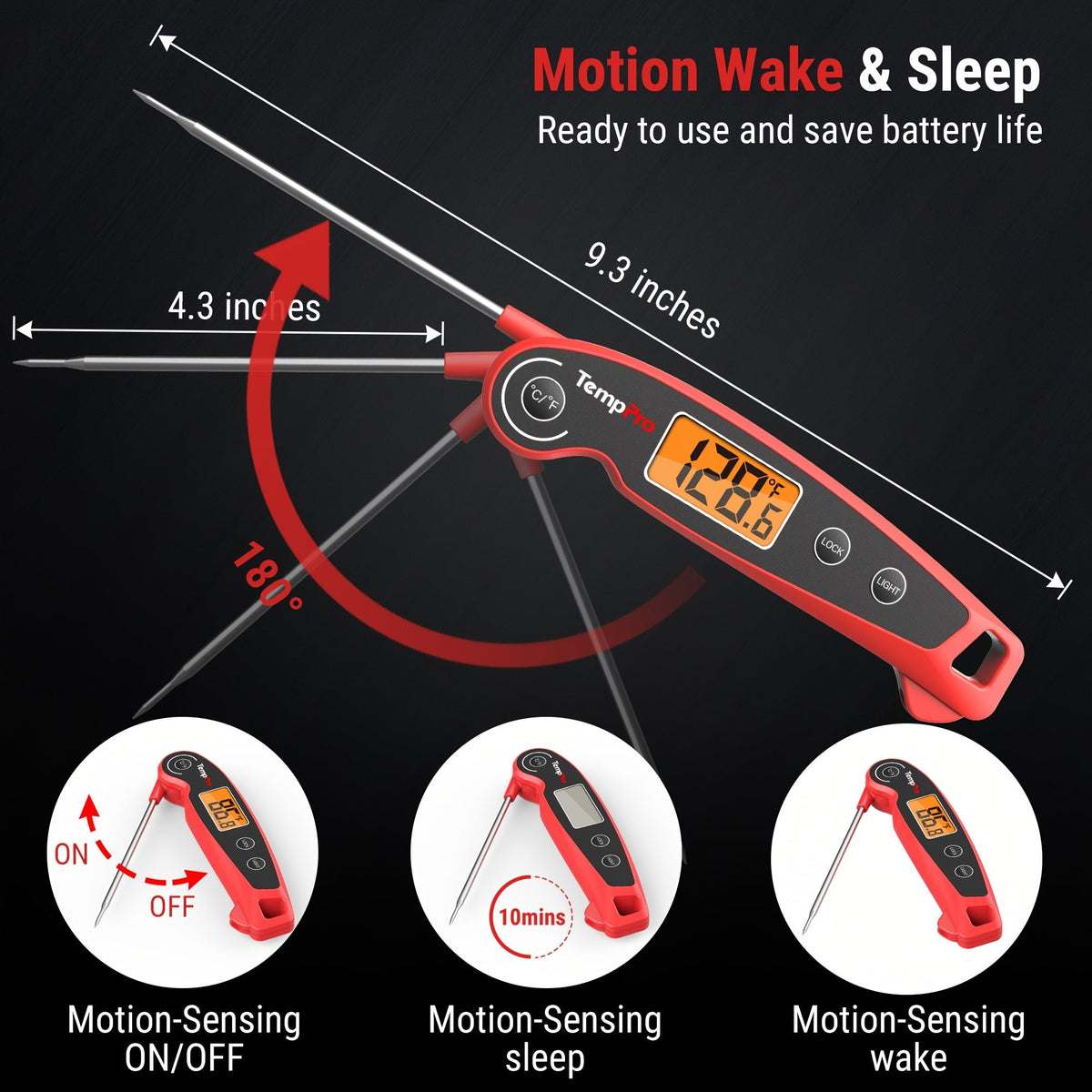 Instant Read Meat Thermometer with Motion Sensing Foldable Probe Digital Food Thermometer for Kitchen BBQ Grill Smoker Candy Oil Cooking -58°F to 572°F Fast 2-3 Second Response