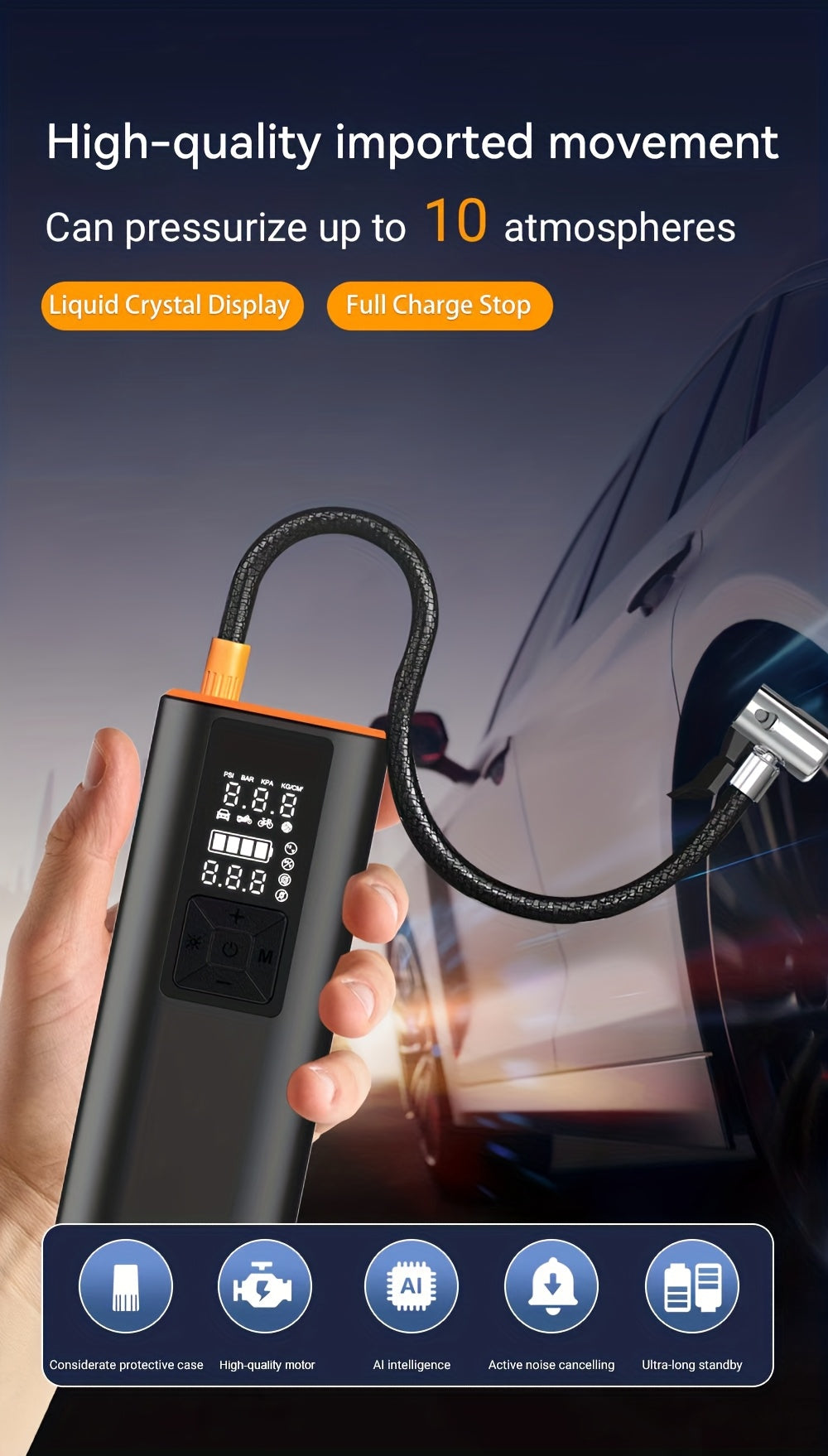 Portable Tire Inflator 150 PSI Wireless Air Compressor 6000mAh Battery 12V Cord Digital Gauge Auto Shut-Off LED Light 4 Preset Modes for Car Motorcycle Bike Ball Road Trip
