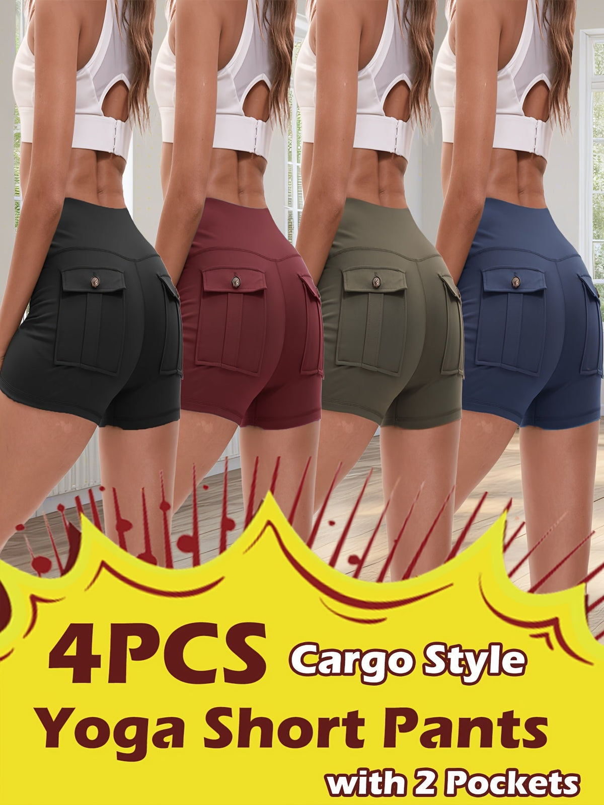 Women's Yoga Shorts 4 Pack High-Stretch Hip Lifting Quick-Dry – Fitness Athletic Shorts with Elastic Waist & 2 Pockets for Gym Running Pilates, Solid Color Set S-XXL