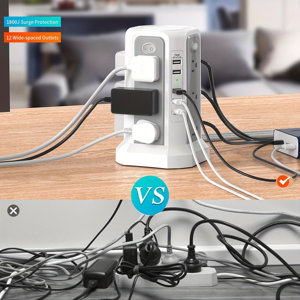Tower Surge Protector Power Strip 12 Outlets 5 USB Ports PD 18W USB-C Fast Charging 10FT Extension Cord 1800J Surge Protection 4 Independent Switches Home Office Desk Dorm Room Vertical Design