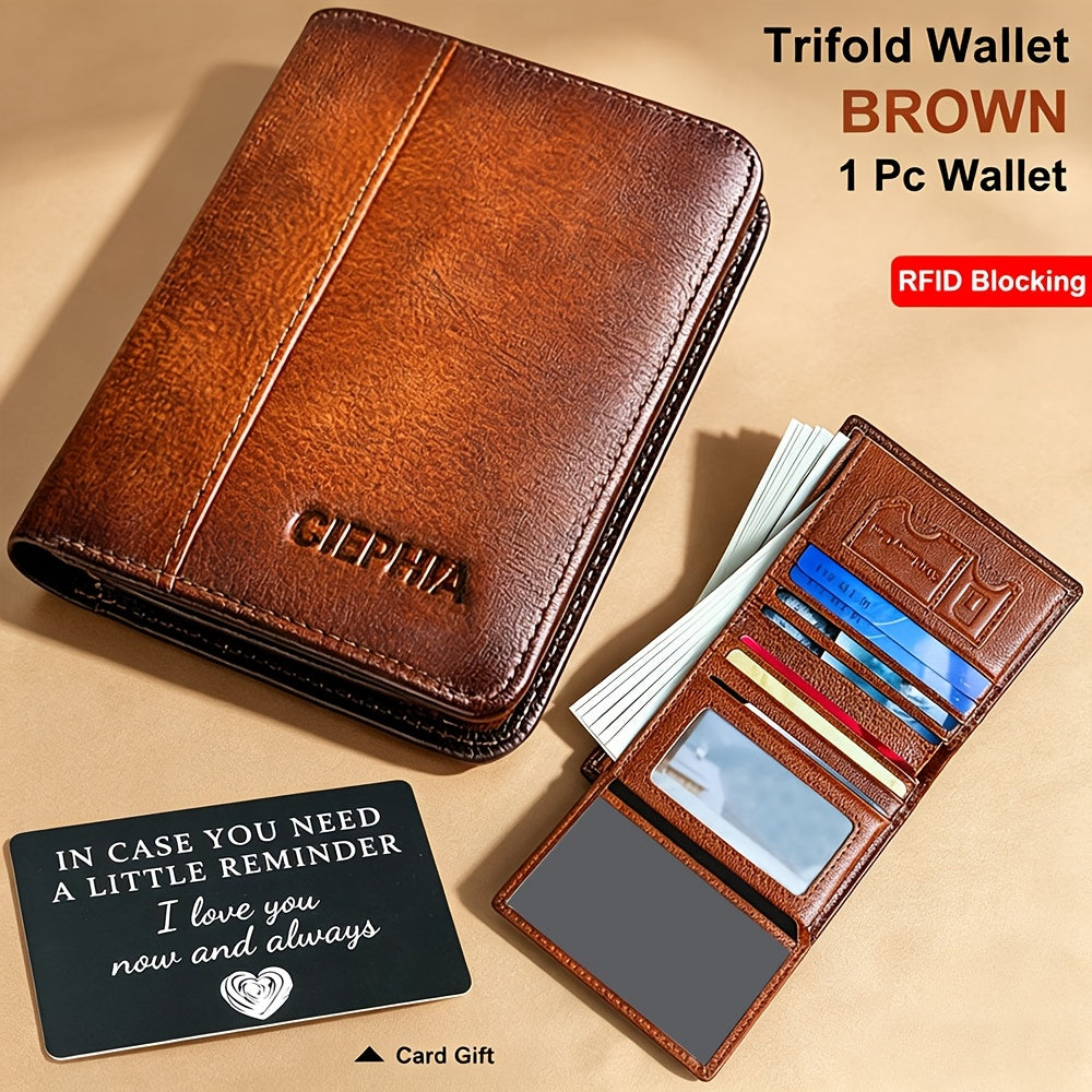 RFID Blocking Genuine Leather Wallet Men Trifold Cowhide Vintage 9 Card Slots 2 ID Windows Money Clip Cash Slots Father's Day Birthday Gift for Dad Husband Brown Black Blue