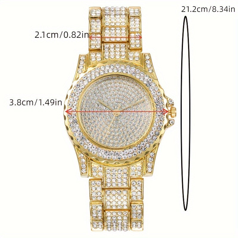4-Piece Men's Punk Jewelry Set – Quartz Watch Cuban Chain Necklace Bracelet Cross Necklace Rhinestone Hip Hop Style Accessories Gift for Men Boyfriend Son Birthday Christmas Gold Silver