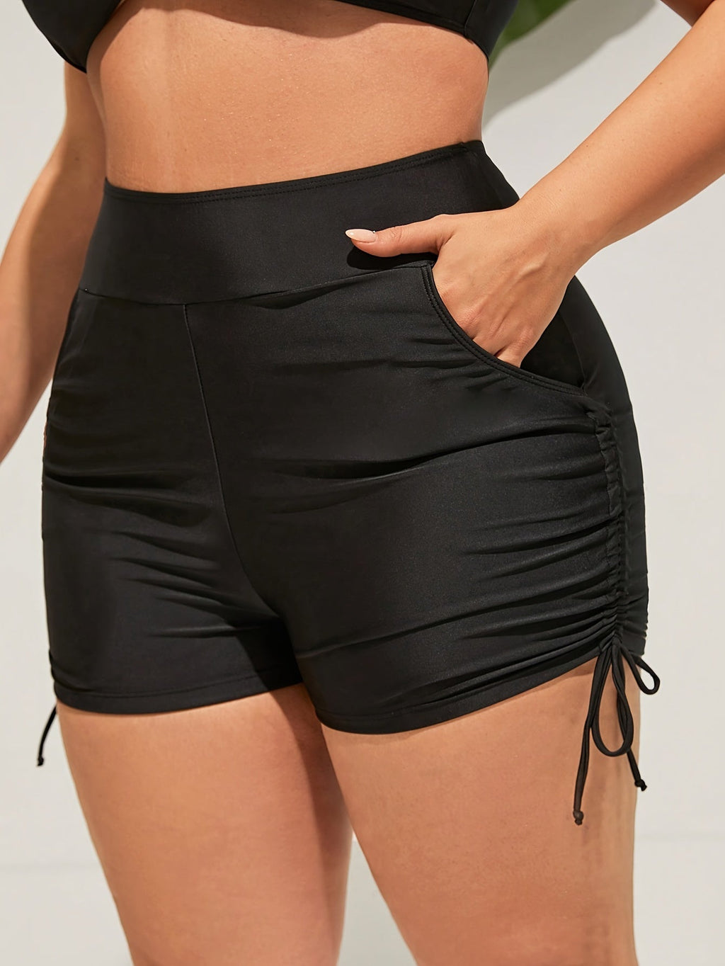 Women's Plus Size High-Waisted Swim Shorts Retro Stretchy Drawstring Pockets Machine Washable Beach Pool Swimwear Bottoms 0XL 1XL 2XL 3XL 4XL Black