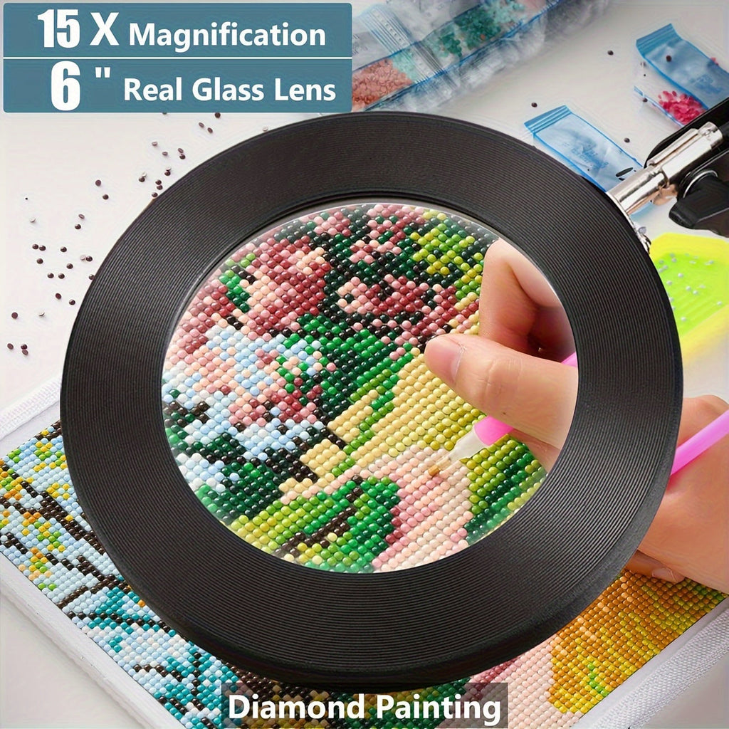 15X Magnification LED Magnifying Glass Lamp with Adjustable Arm & Clamp Base – Dimmable 3-Color Light, USB-Powered Desk Magnifier for Reading, Crafts, Manicure, Sewing & Precision Work (Black/White)