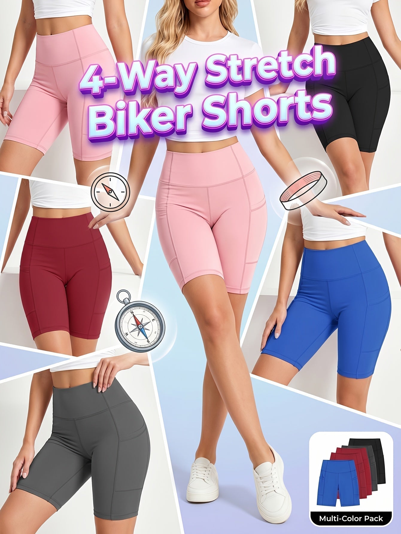 Women's High-Waisted Cycling Shorts 5-Pack with Pockets Mixed Colors – Stretch Polyester Yoga Gym Running Workout Shorts for Active Women Sizes M to XXL